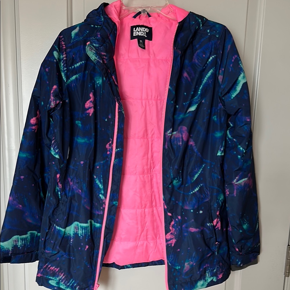 Lands' End Blue and Pink Raincoat with Hood